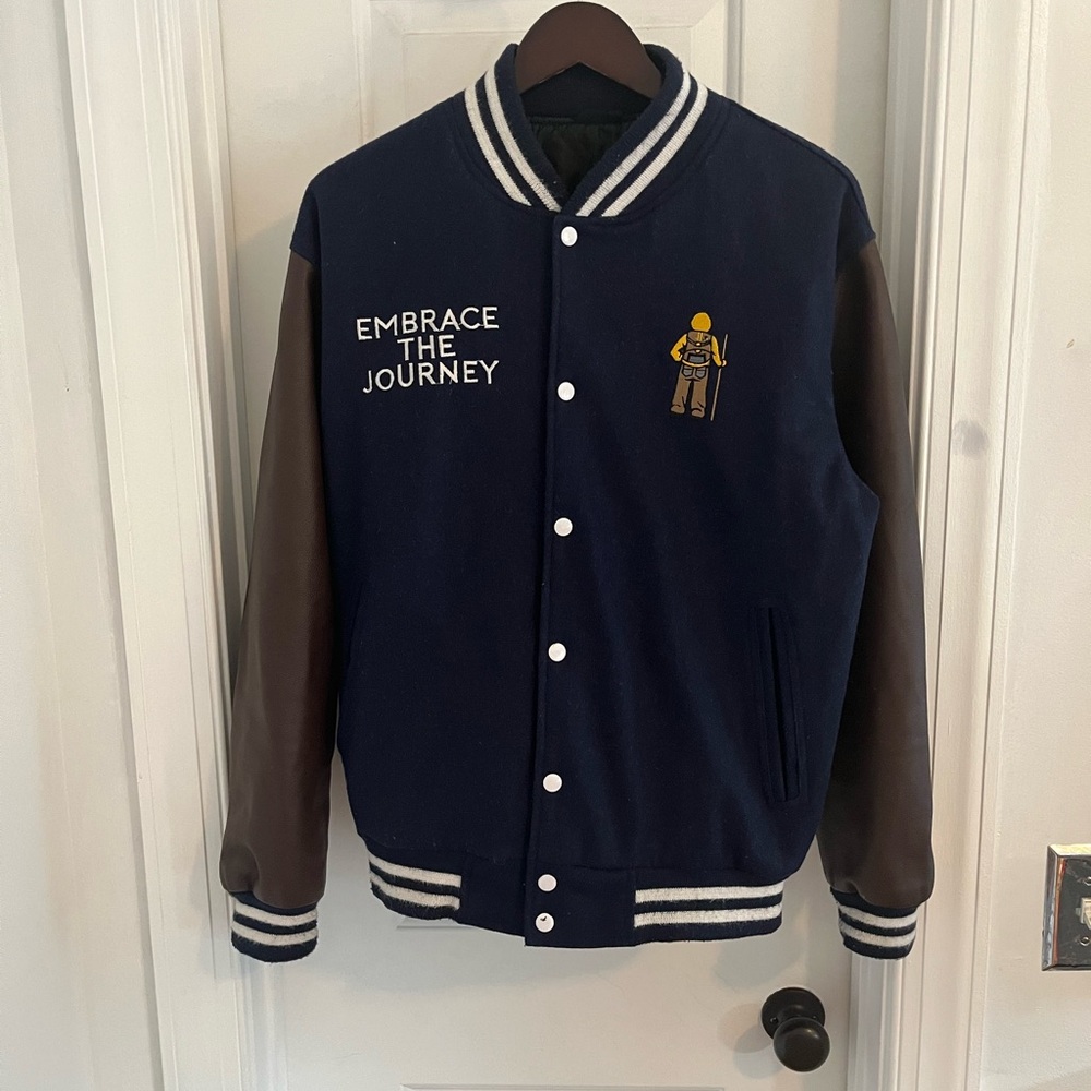 Life’s Journey Varsity Letterman Jacket Wool/Leather Blue Brown Sz M